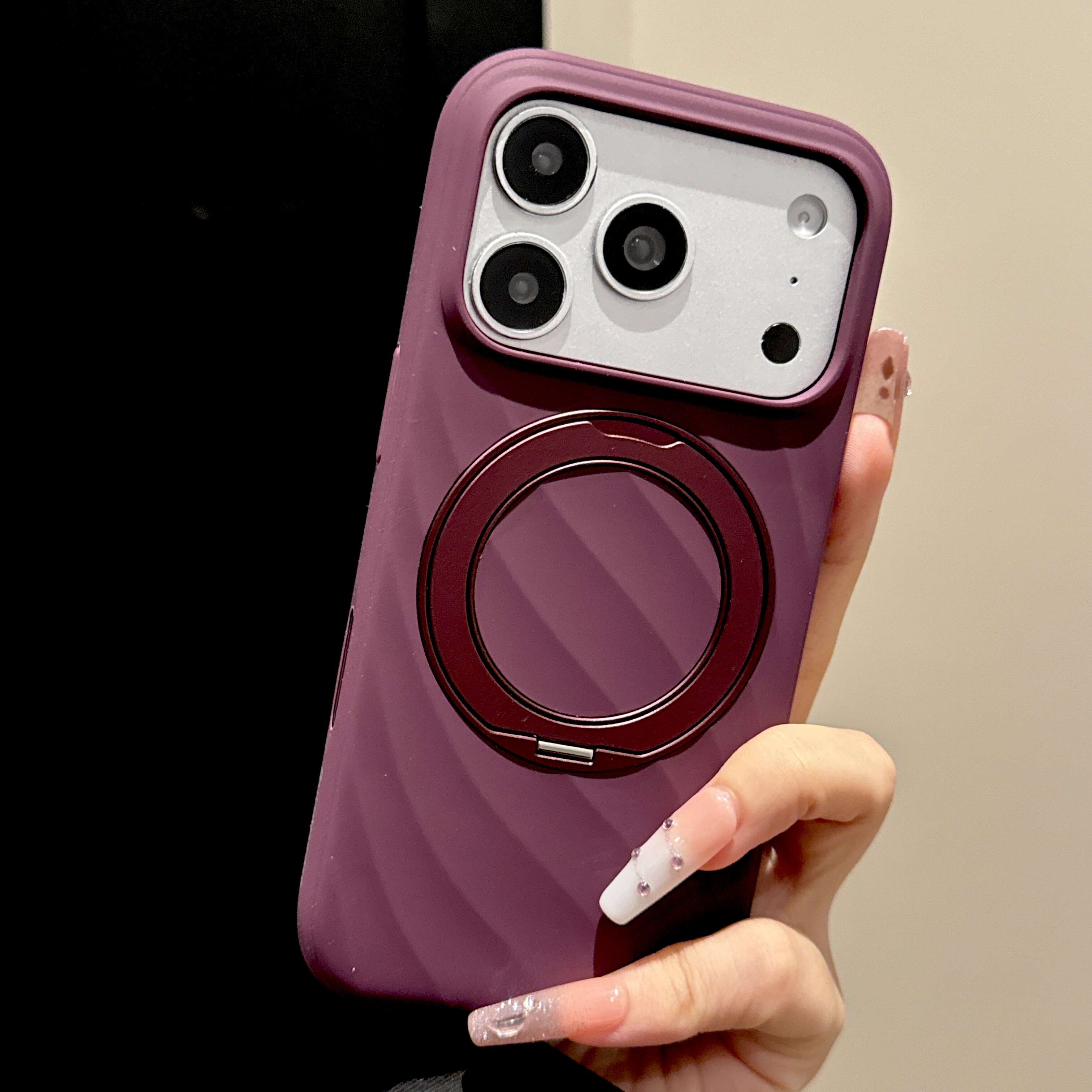 韩道适用苹果18Promax手机壳iphone17pro新款酒红色波浪纹肤感液态硅胶360磁吸支架壳按键全包简约防摔保护套