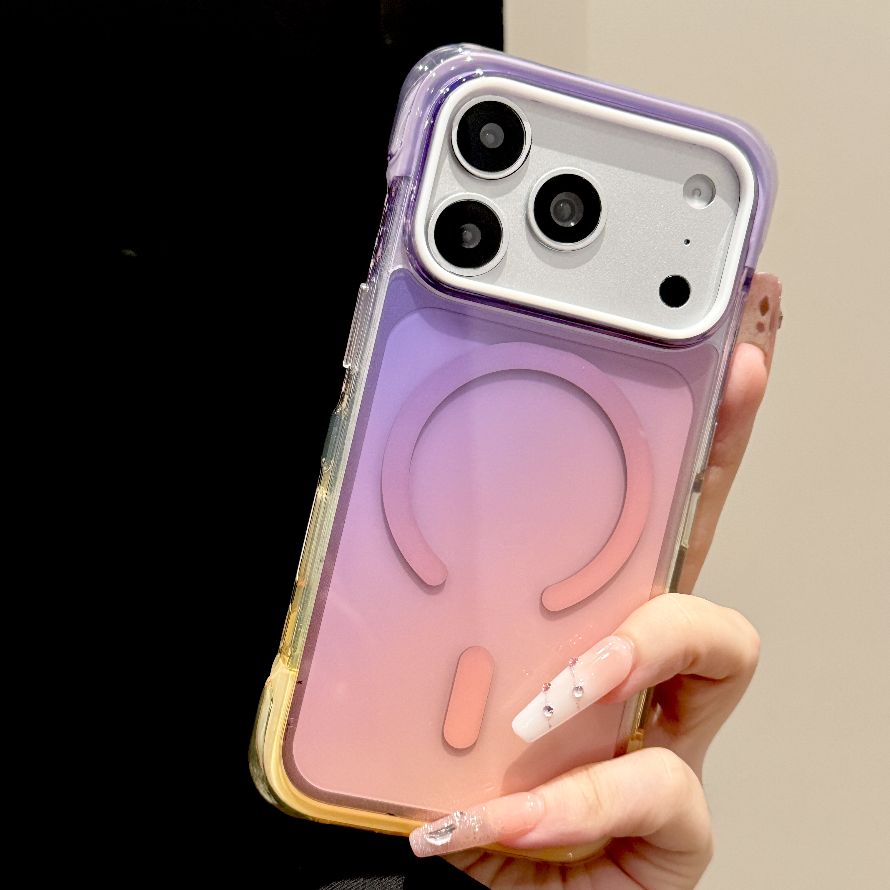 韩道适用苹果18Promax手机壳iphone17pro新款紫黄撞色渐变透明空气气囊一体防摔磁吸按键保护16pm简约保护套