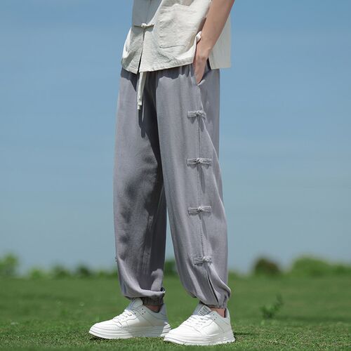 复古亚麻休闲裤男中国风唐装棉麻裤子新中式大码盘扣束脚裤夏季款