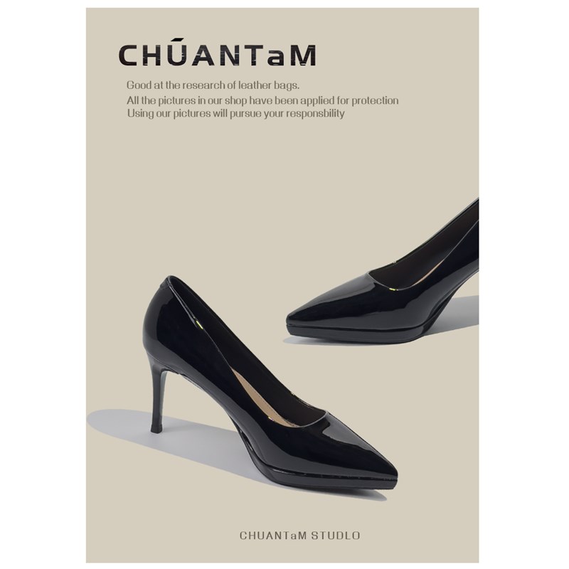 漆皮~黑色细跟职业高跟鞋女小个子2025春秋新款尖头防水台单鞋女