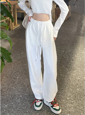 白色运动裤女2022春夏大码休闲拖地阔J腿裤美式抽绳灰色卫裤女束