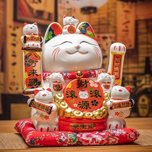 陶瓷摇手招财猫摆件开业大号店铺收银台家居客厅桌面X礼品自动招