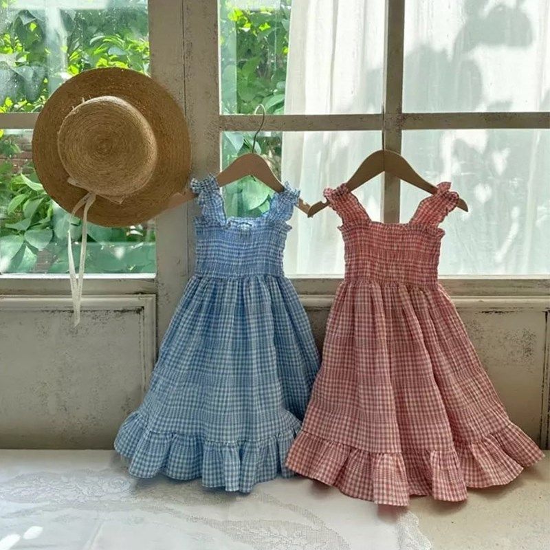 2024夏季新款韩版格q子吊带连衣裙女宝宝格子打揽荷叶露肩吊带长,童装/婴儿装/亲子装,连衣裙,淘宝优惠券,粉丝福利购,淘宝优惠卷