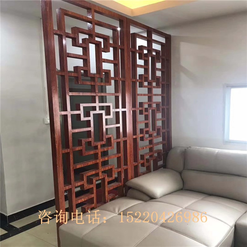 定制中式户型别墅复古木纹铝窗花型材焊接方格大厅镂空雕刻铝屏风
