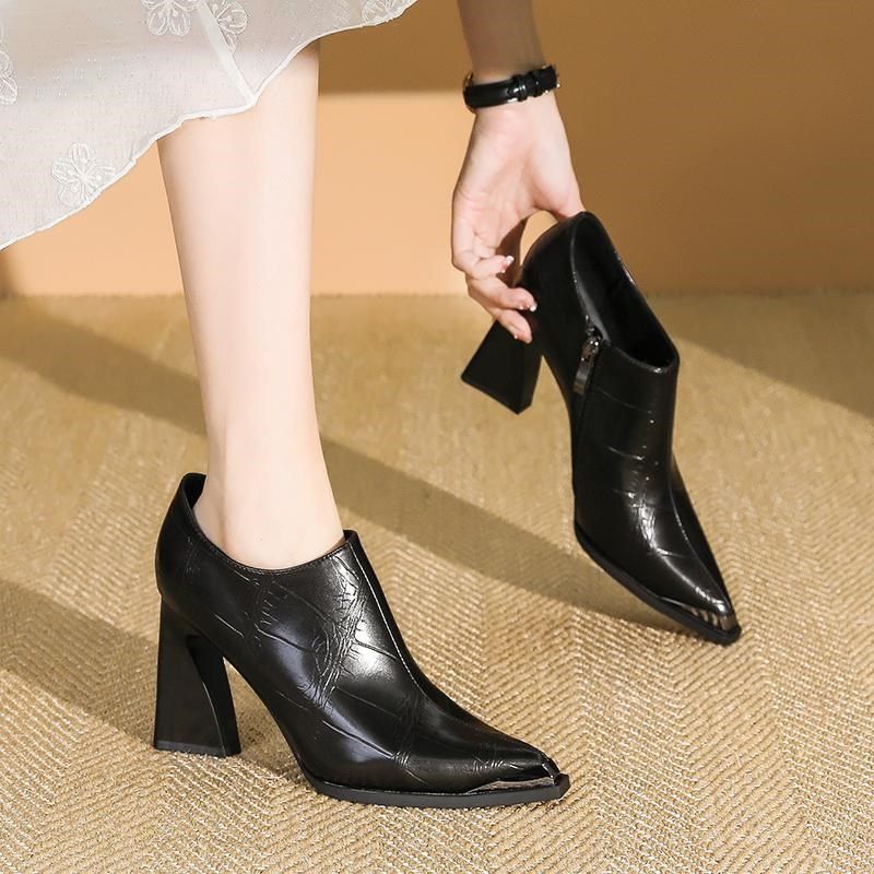 女鞋2025g年新款网红侧拉链时尚百搭高跟鞋女粗跟金属尖头深口单,女鞋,深口单鞋,淘宝优惠券,粉丝福利购,淘宝优惠卷