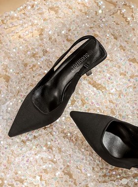 黑色包头一字带细跟高跟凉鞋女2024春夏新款外穿高级伴娘气质单鞋