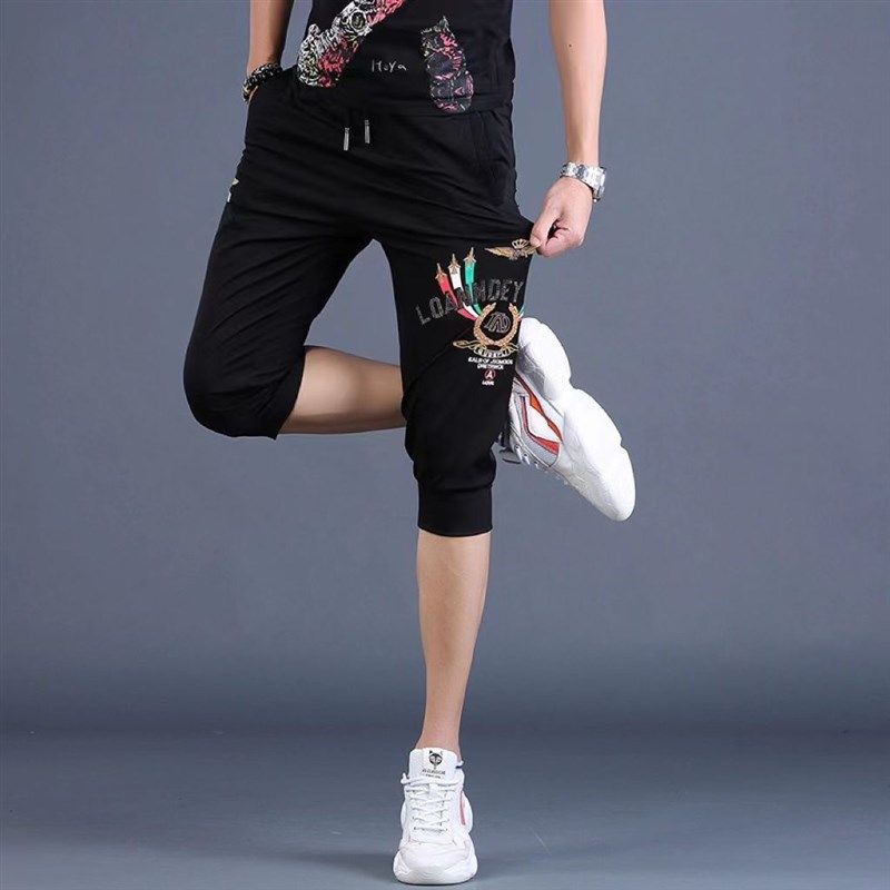 夏季新款过膝七分裤男休闲裤潮流时尚I修身束脚短裤薄款冰丝马裤,男装,短裤,淘宝优惠券,粉丝福利购,淘宝优惠卷