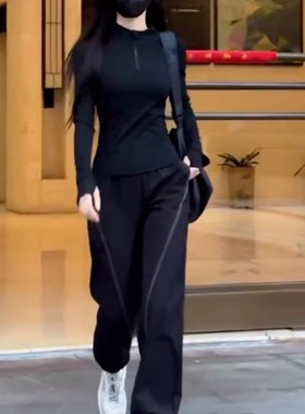 黑色休闲运动套装女户外健身跑步服速干上衣卫裤夏装搭Z配一整套