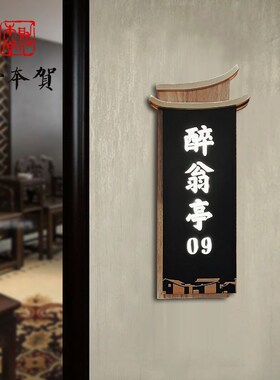 中式木质a门牌定制高级感餐厅酒店民宿包厢发光家用实木挂牌刻字