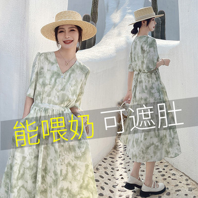 哺乳衣外出辣妈款产n后母乳中长款收腰显瘦隐形拉链V领喂奶衣夏装