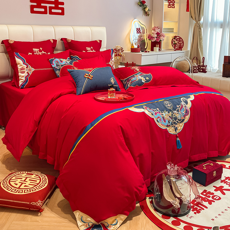 新中式婚庆160支长绒棉四件套红色被套结婚陪嫁全棉牀单牀上用品4