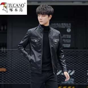 皮夾克立領(lǐng)加絨加厚韓版 皮衣男秋冬季 男士 修身 新款 潮X流機(jī)車服外