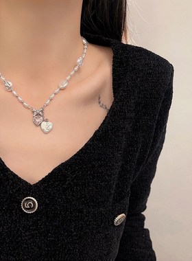 粉色爱心蝴蝶结珍珠链条项链女Bins小众设计甜酷风辣妹吊坠潮