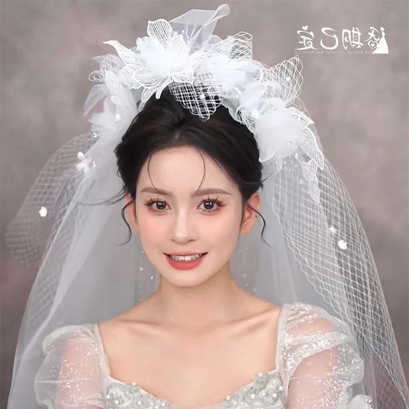 网格头纱头饰新娘领证登记主婚纱发饰求婚蓬蓬纱写真拍照道具配饰
