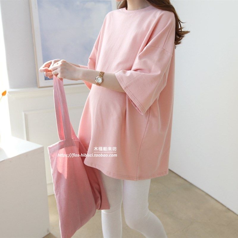 韩版宽松糖果色短袖T恤百搭时尚打底衫中长款减龄孕妇体恤上衣夏