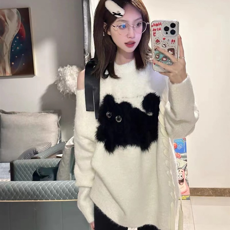 奶fufu露肩小猫毛衣女2023秋冬小众设计感宽松慵懒W风针织衫上衣