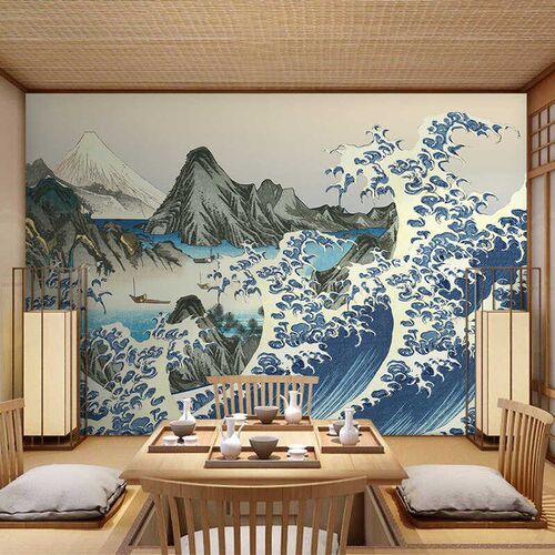 日式神奈b川冲浪里寿司料理店壁画餐厅榻榻米背景墙纸和风民宿墙