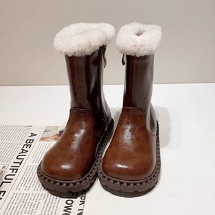 美拉德韩国d女童洋气时尚中筒雪地靴2024新款儿童皮面毛绒保暖皮