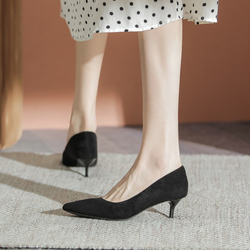 高跟鞋 女细跟黑色百搭面试空姐礼仪5公分尖头单鞋软面职业工作鞋
