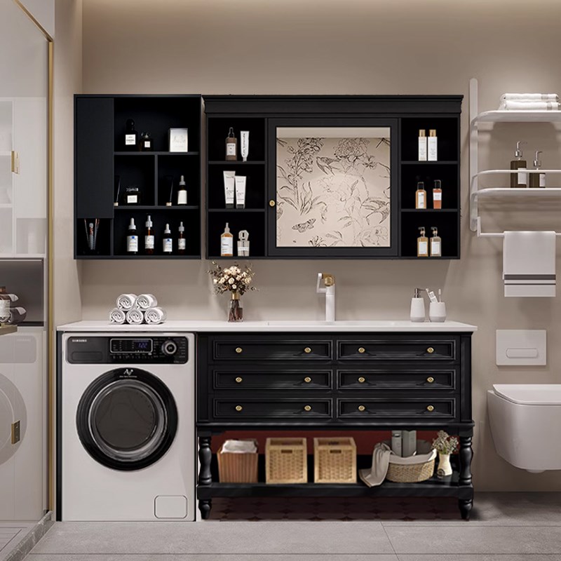 美式阳台洗衣机一体洗烘组合卫生间岩板洗漱台洗手脸盆浴室柜定制