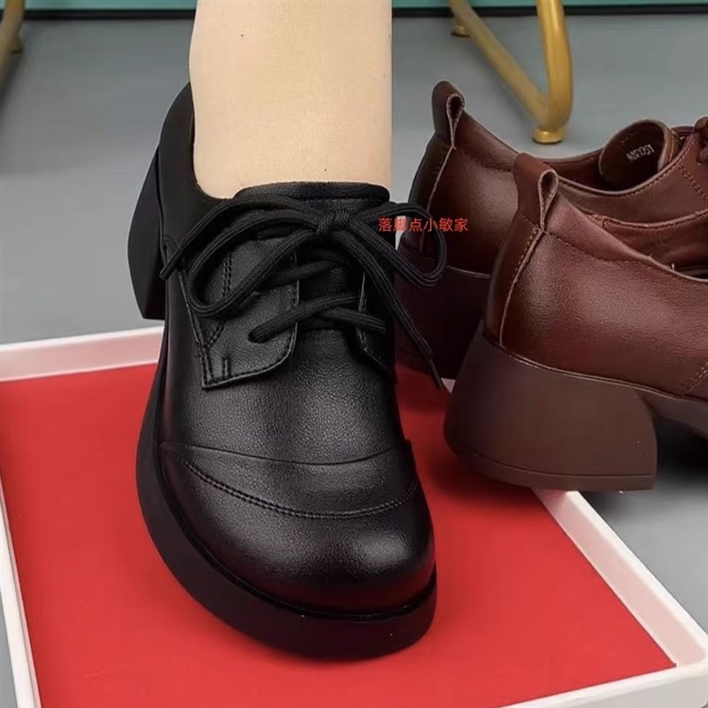 英伦风皮鞋2025年春季新款浅口单鞋女真皮粗跟舒适软底工作妈妈鞋