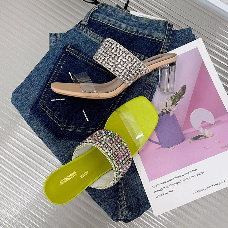 夏天的风 清凉感一字带透明水晶跟凉拖鞋PVNC水钻羊皮垫高跟凉鞋,女鞋,一字拖,淘宝优惠券,粉丝福利购,淘宝优惠卷