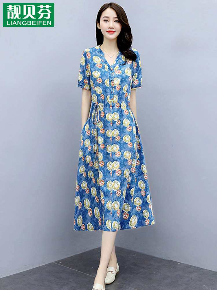 温柔风棉麻连衣裙女夏装2023新款遮肚子显瘦气质女神范衣服裙子
