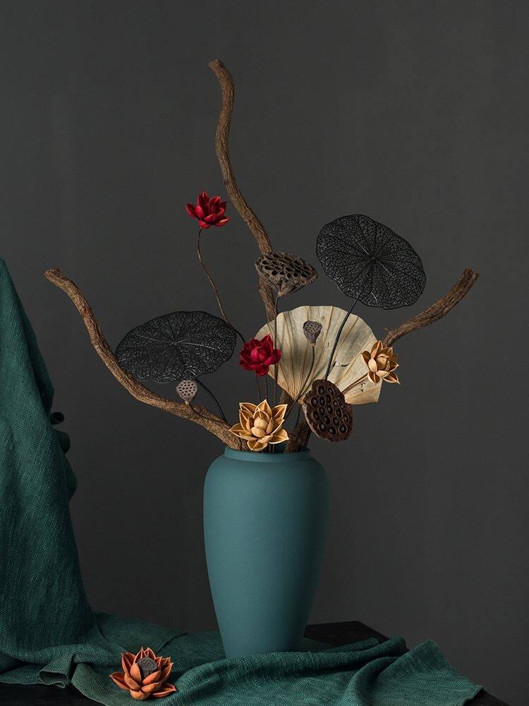 中式客厅摆设干花真花风干花束莲蓬荷花家居插花装饰摆件花瓶