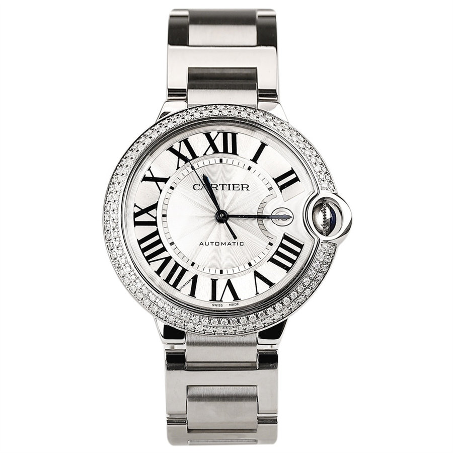 95新卡地亚蓝气球后镶钻银白面自动机械男表w69012z4