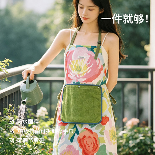 油画花朵防水围裙厨房做饭罩衣