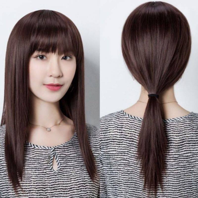 化疗后女士假发中老年专用t直发长直刘海披肩气质妈妈款女黑色全