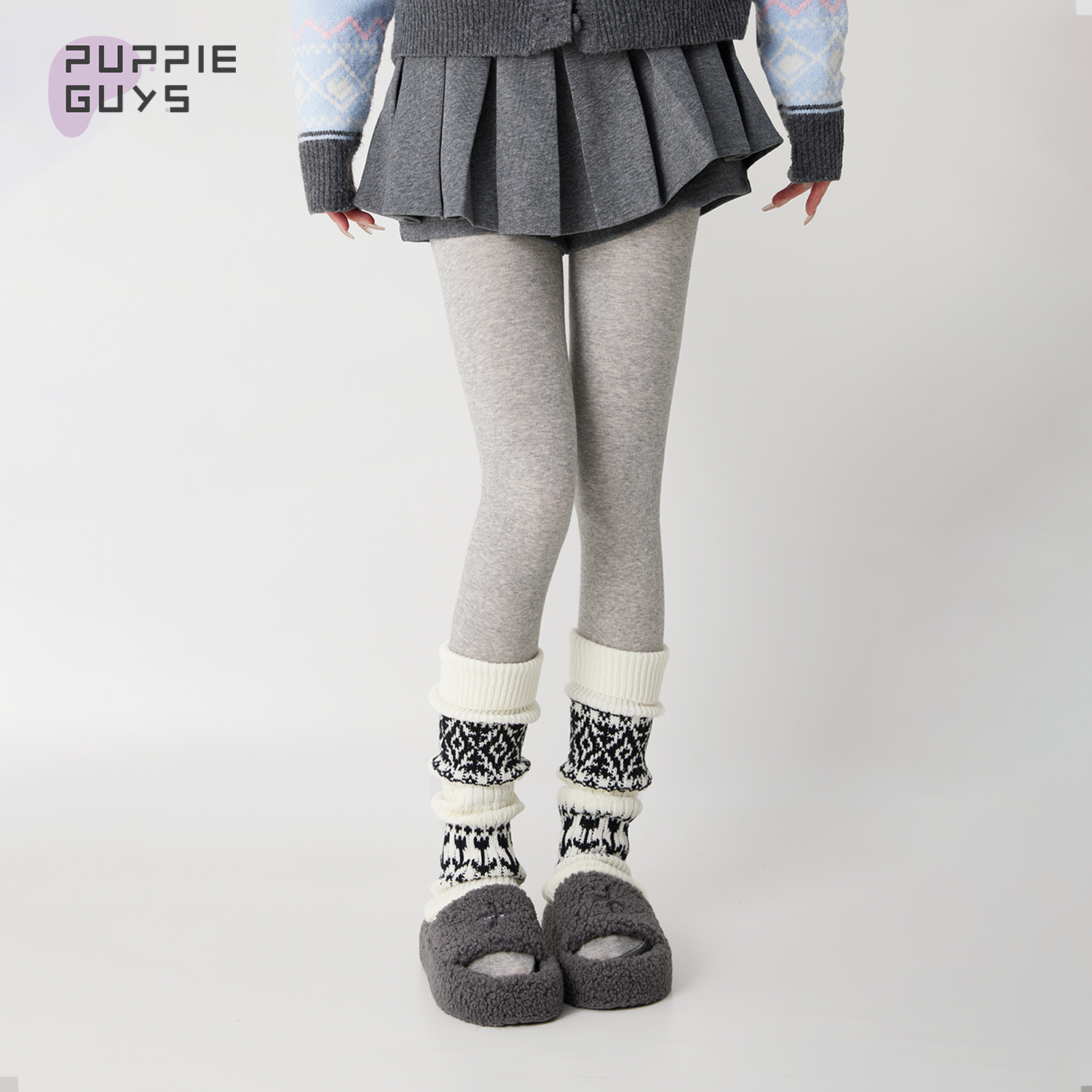 白色费尔岛堆堆小腿袜套