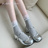 purpleguys白色蕾丝中筒袜女夏季 薄款 纯色灰色百搭花边jk堆堆袜子