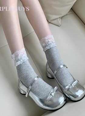purpleguys白色蕾丝中筒袜女夏季薄款纯色灰色百搭花边jk堆堆袜子