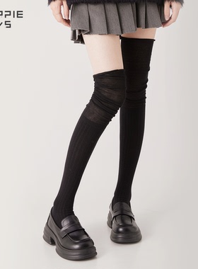 purpleguys黑色过膝袜子女春秋款纯色高筒大腿靴袜jk竖条纹长筒袜