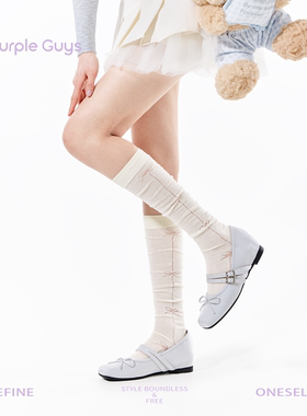 purpleguys白色小腿堆堆袜子女春夏薄款透气棉芭蕾风蝴蝶结长筒袜