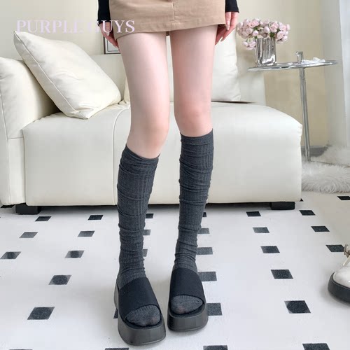 竖条纹灰色过膝小腿堆堆袜