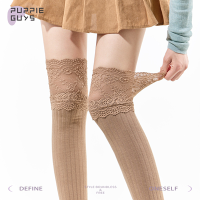 蕾丝花边过膝袜子女美拉德咖色