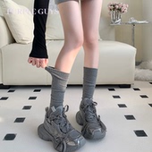 purpleguys灰色小腿袜子女纯棉ins潮百搭竖条纹春秋款 压力堆堆袜