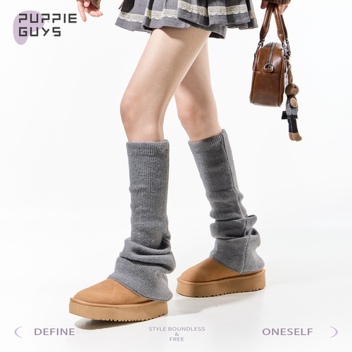 purpleguys秋冬保暖针织小腿套女叠穿连裤袜学院风灰色堆堆袜套