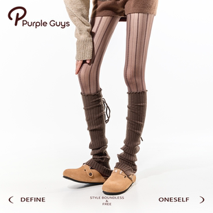 purpleguys咖色堆堆袜套女冬配勃肯鞋 美拉德保暖针织纽扣小腿套