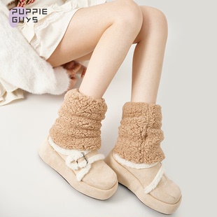 purpleguys袜套女秋冬季 加绒加厚保暖中筒咖色配雪地靴堆堆小腿套