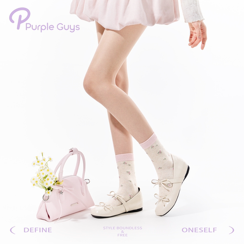 purpleguys奶白碎花中筒袜子女春夏纯棉薄款温柔甜美风无骨堆堆袜