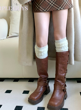 purpleguys白色拼接过膝袜子女秋冬保暖日系配长筒靴小腿堆堆棉袜