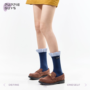 purpleguys格子花边拼接中筒袜子女秋jk芭蕾风美拉德miu系堆堆袜