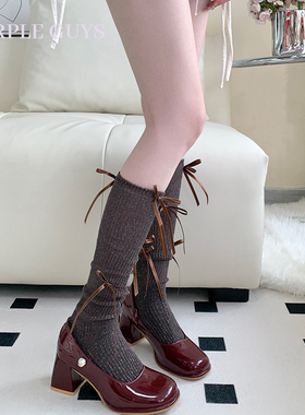 purple guys金丝蝴蝶结袜子女春夏可爱纯欲芭蕾风长筒堆堆小腿袜