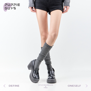 purpleguys韩系花边小腿堆堆袜子女棉ins风竖纹格雷系灰色长筒袜