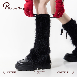 purpleguys黑色毛毛绒小腿套女秋冬加厚保暖仿水貂毛显瘦系带袜套