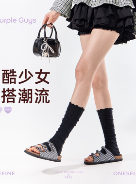 purpleguys黑色薄款踩脚小腿套女春夏纯棉网眼透气甜酷中筒堆堆袜