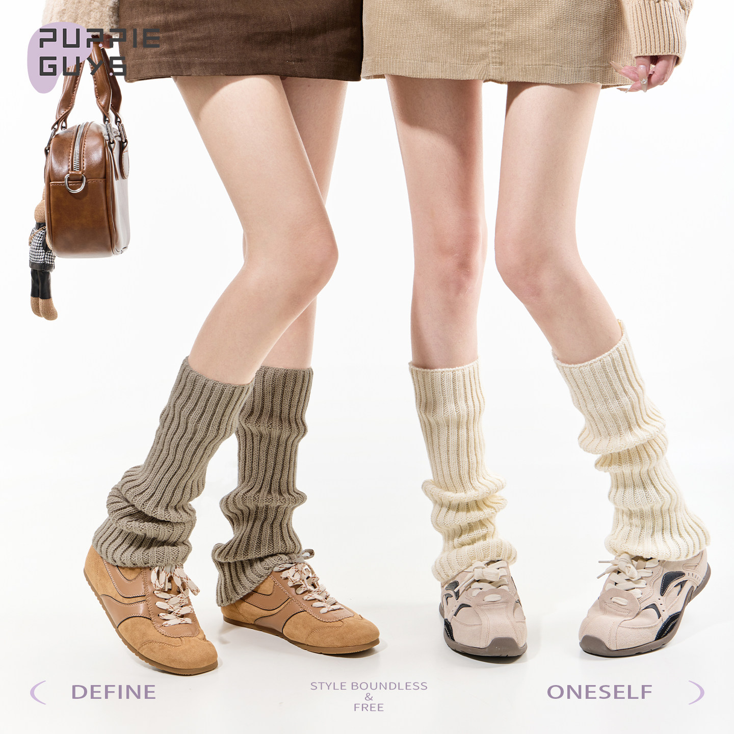 purpleguys米白色针织小腿袜套女修饰腿型防滑显瘦卡其色堆堆袜子